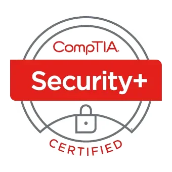 Certified CompTIA Security+ badge achieved after attending the Sec+ Course and Exam