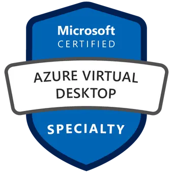 Certified Microsoft Azure Virtual Desktop badge achieved after attending the AZ-140 Course and Exam