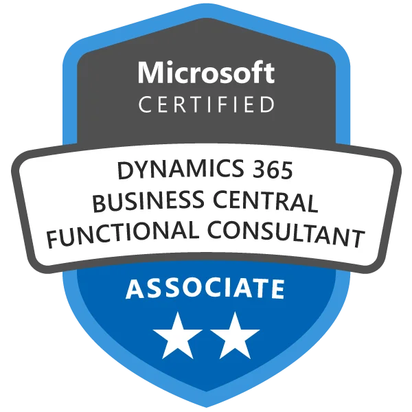 Business Central Functional Consultant certification Badge achieved after attending the MB 800 certification course with exam