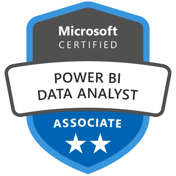 Certified Microsoft Power BI Data Analyst badge achieved after attending the PL 300 Course including PL 300 Exam
