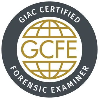 GIAC Forensic Examiner badge achieved after attending the GCFE Course and Certification