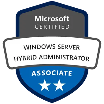 Certified Microsoft Windows Server Hybrid Core badge achieved after attending the AZ-800 Course and Exam
