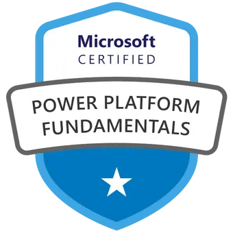 Certified Microsoft Power Platform Fundamentals badge achieved after attending the PL-900 Course and Exam
